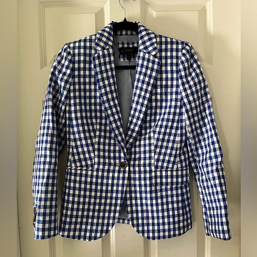 Women’s J. Crew Blue/white Gingham Campbell Linen Preppy Blazer Jacket size 2